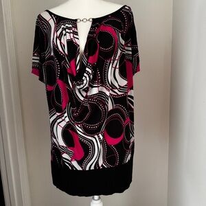 Pink and Black Abstract Print Top with Keyhole Back and Ring Detail - Size L